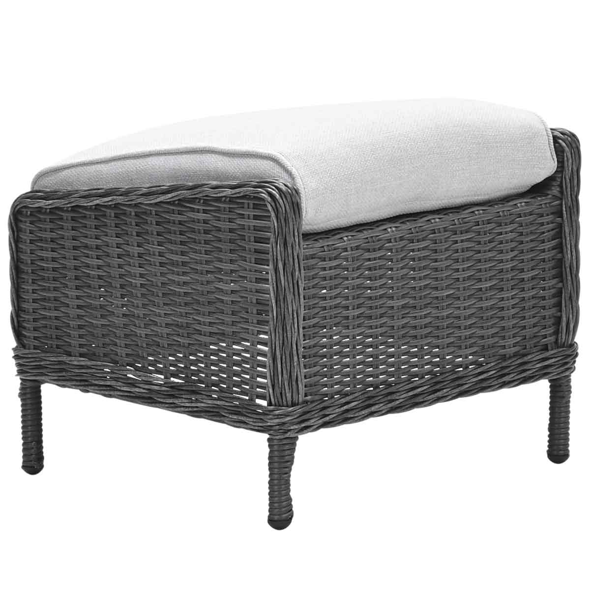 A gray wicker ottoman with a white cushion. The ottoman has a rectangular shape.