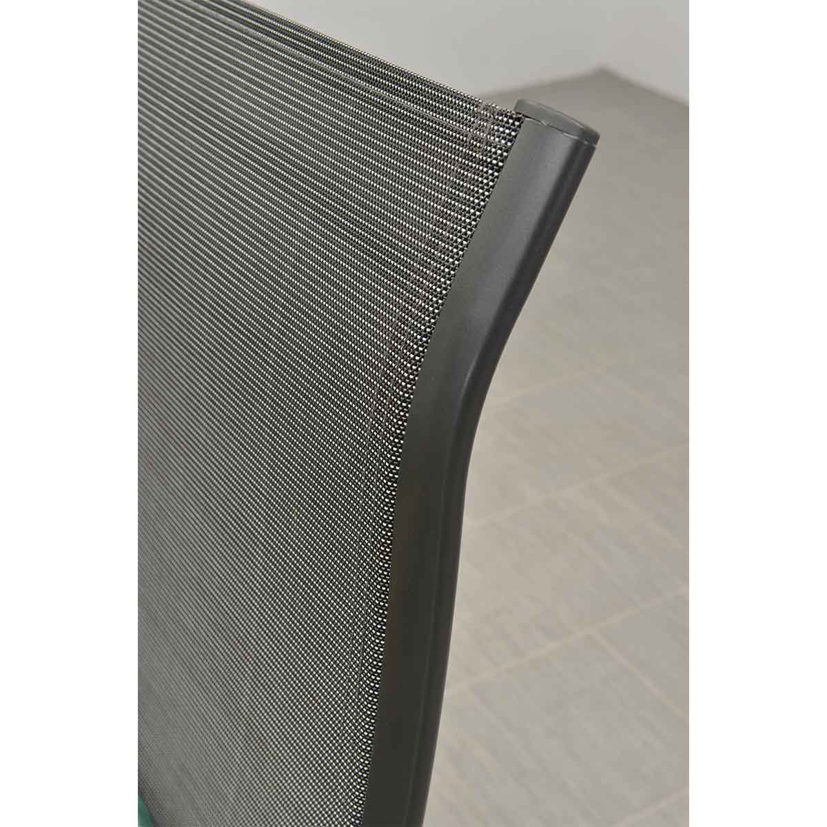 Close-up of a black mesh chair back. Dark gray frame and black mesh fabric.