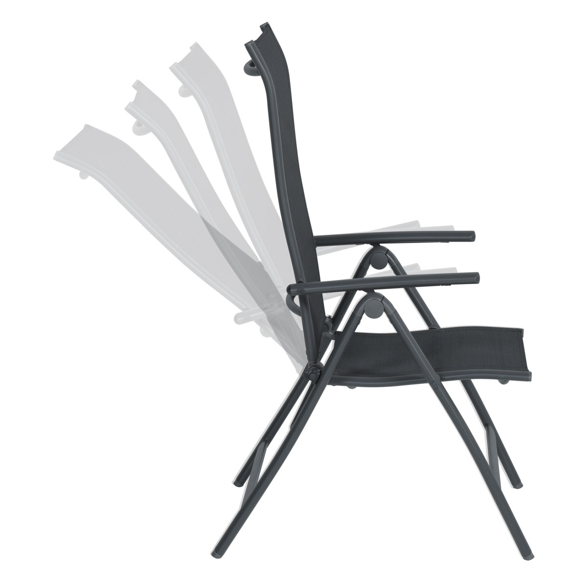 Gray outdoor folding chair, multiple positions shown, on white background.