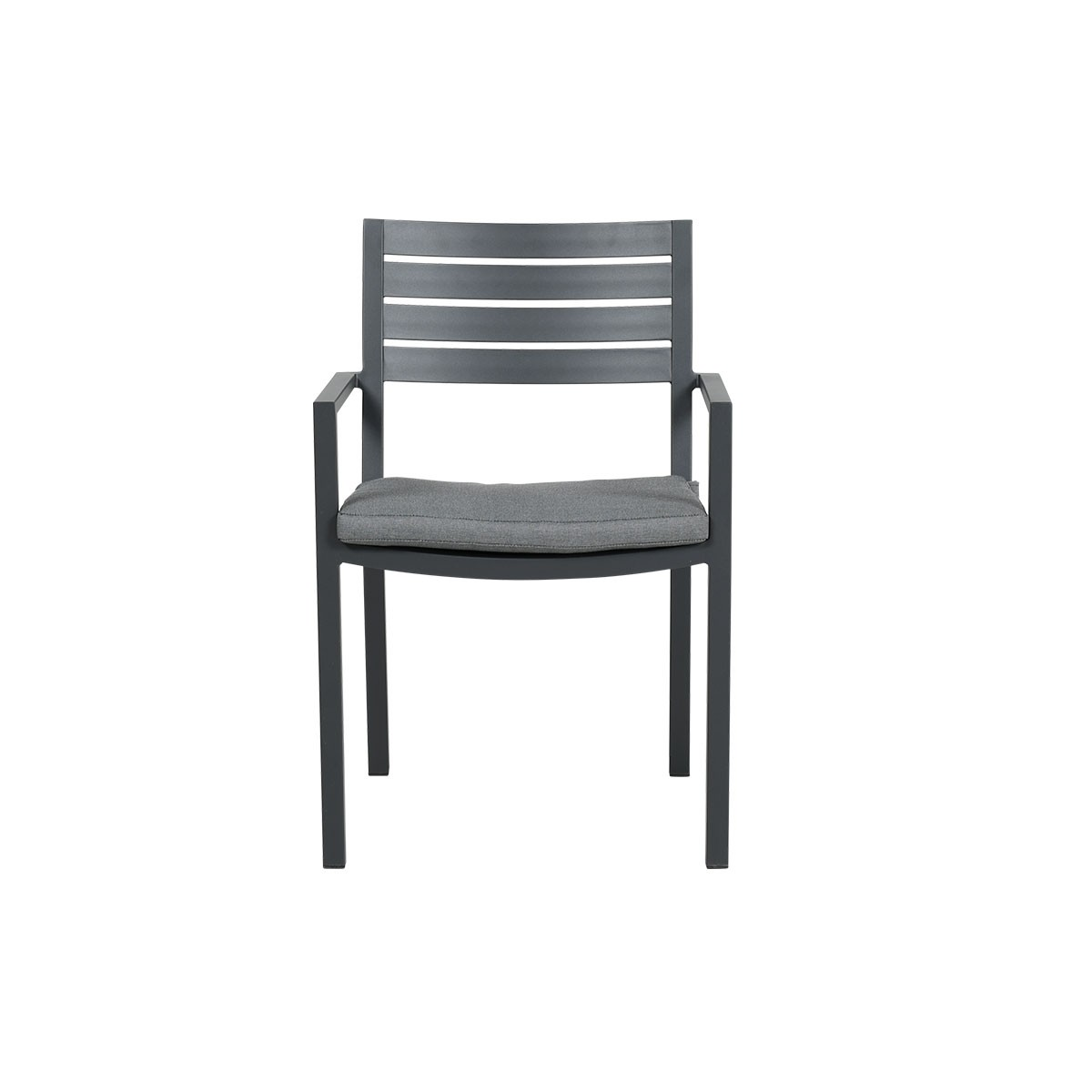 Gray metal outdoor chair with armrests, gray cushion, and horizontal back slats.