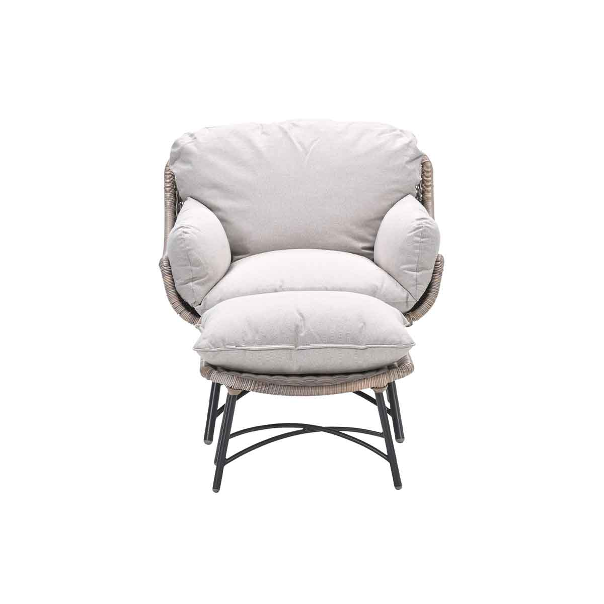 An outdoor armchair with a light grey cushion, set on a white background.