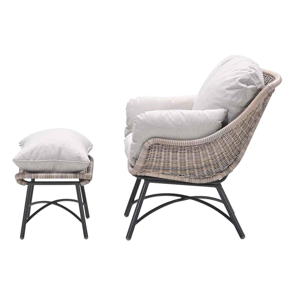 Outdoor chair and ottoman set, wicker frame, gray cushions, black metal legs.