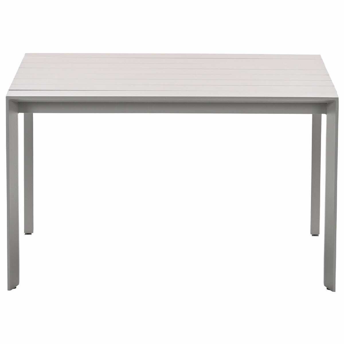 Table blanche au design simple et cadre en métal gris, sur fond blanc.