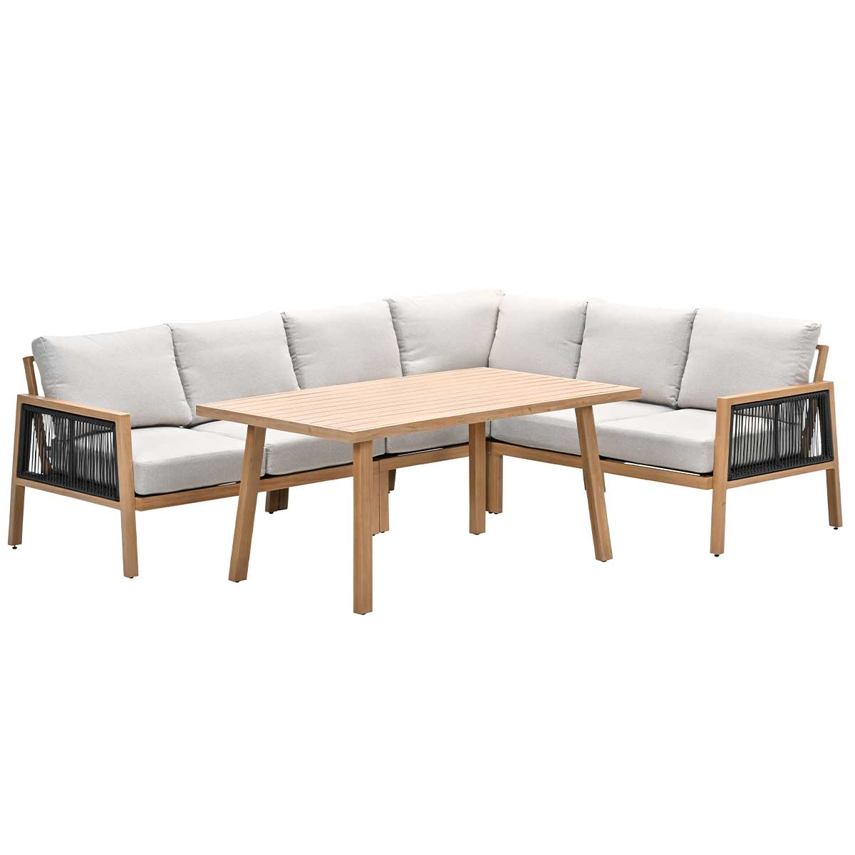 Buitenmeubelset. Houten tafel en bank met lichtgrijze kussens. Witte achtergrond.