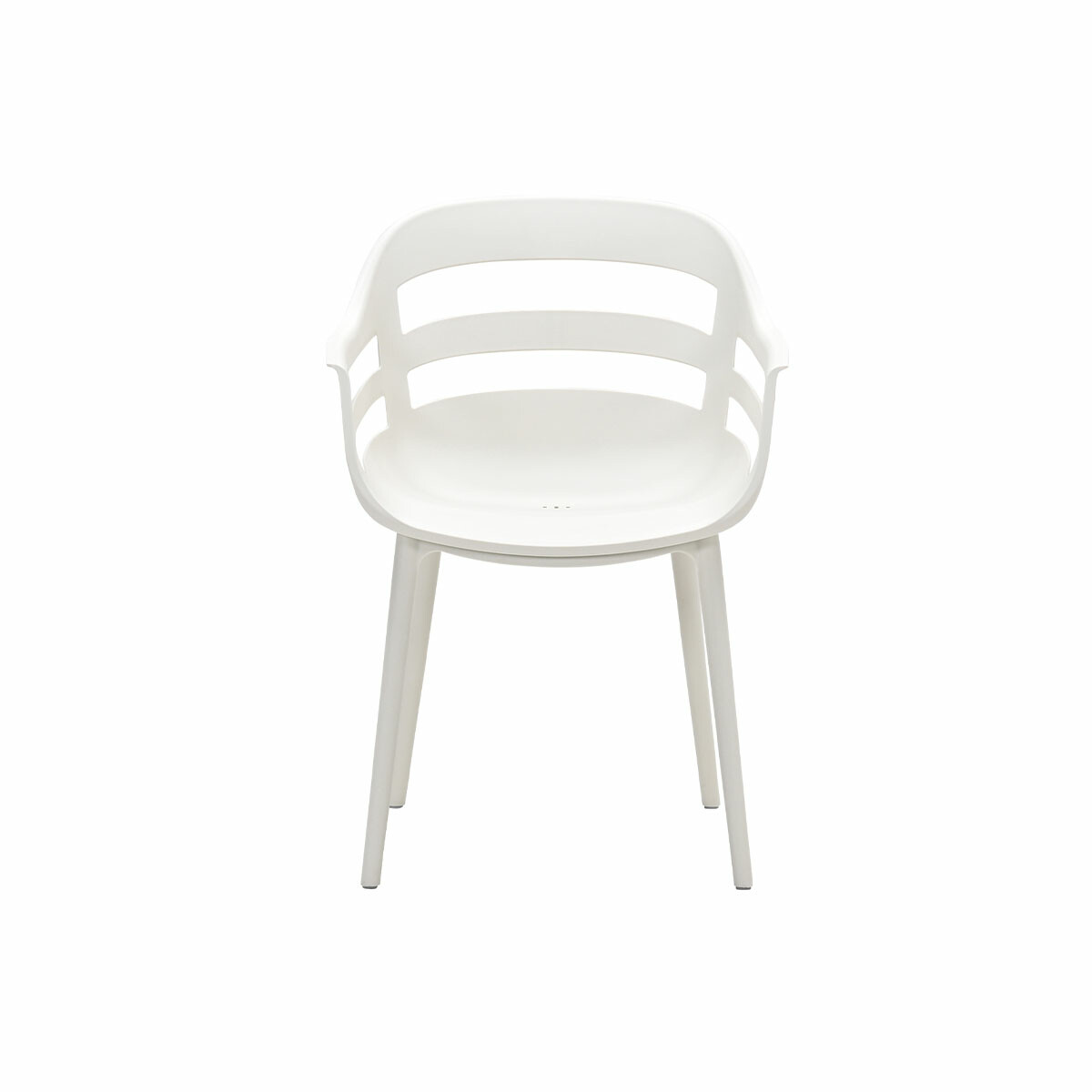 White modern chair with armrests and three horizontal backrests. White background.