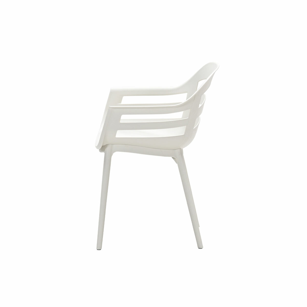 White modern chair, side view, armrests, and horizontal backrests. White background.