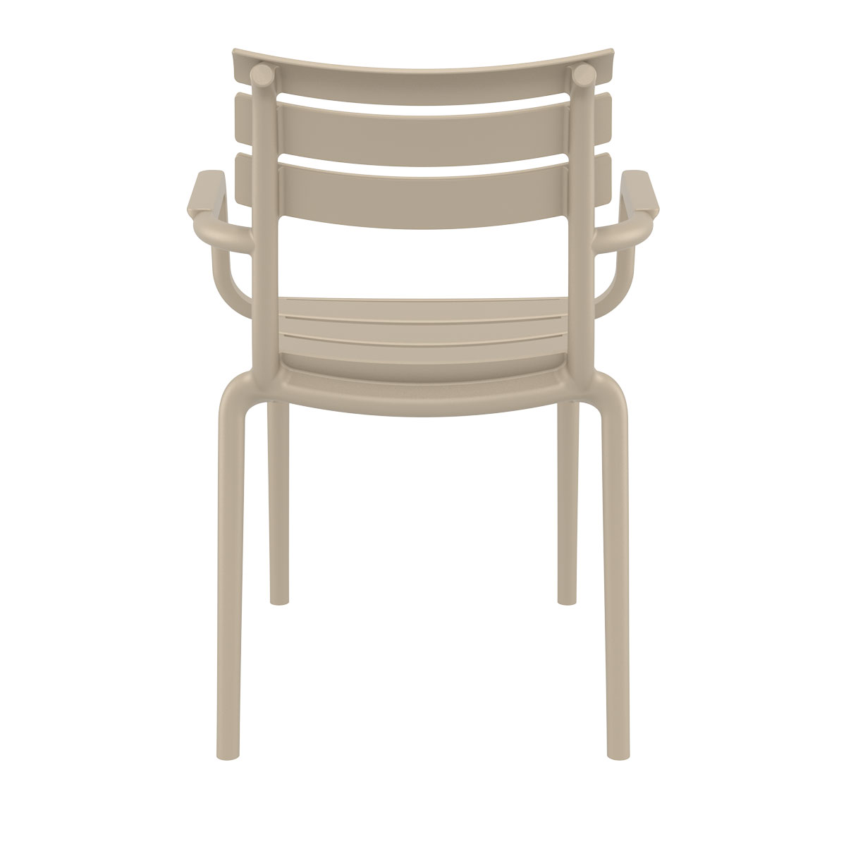 Beige buitenstoel, achteraanzicht. Lattenrugleuning, armleuningen. Strak, modern design.