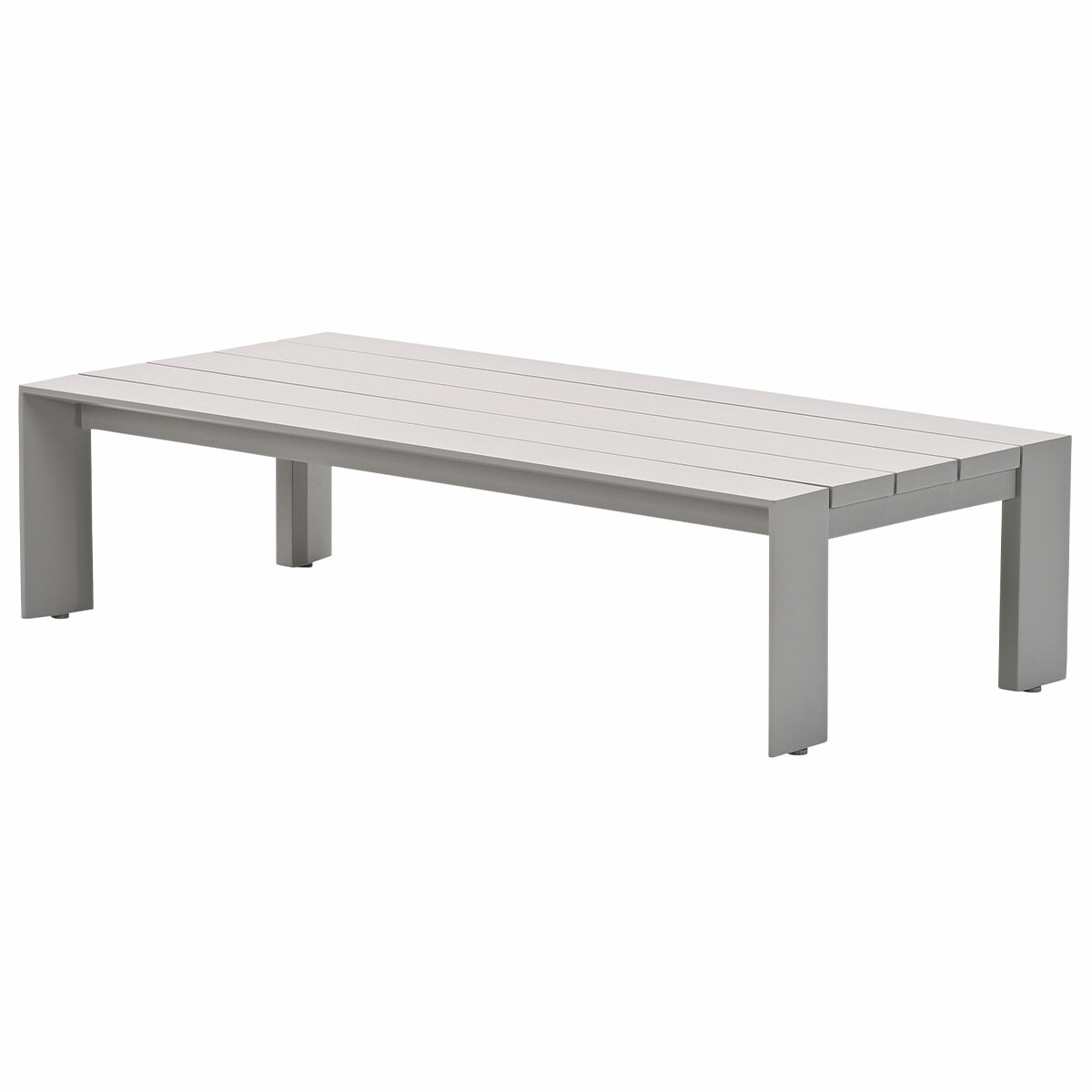 Grijze rechthoekige tafel. Latten bovenkant. Grijze poten.