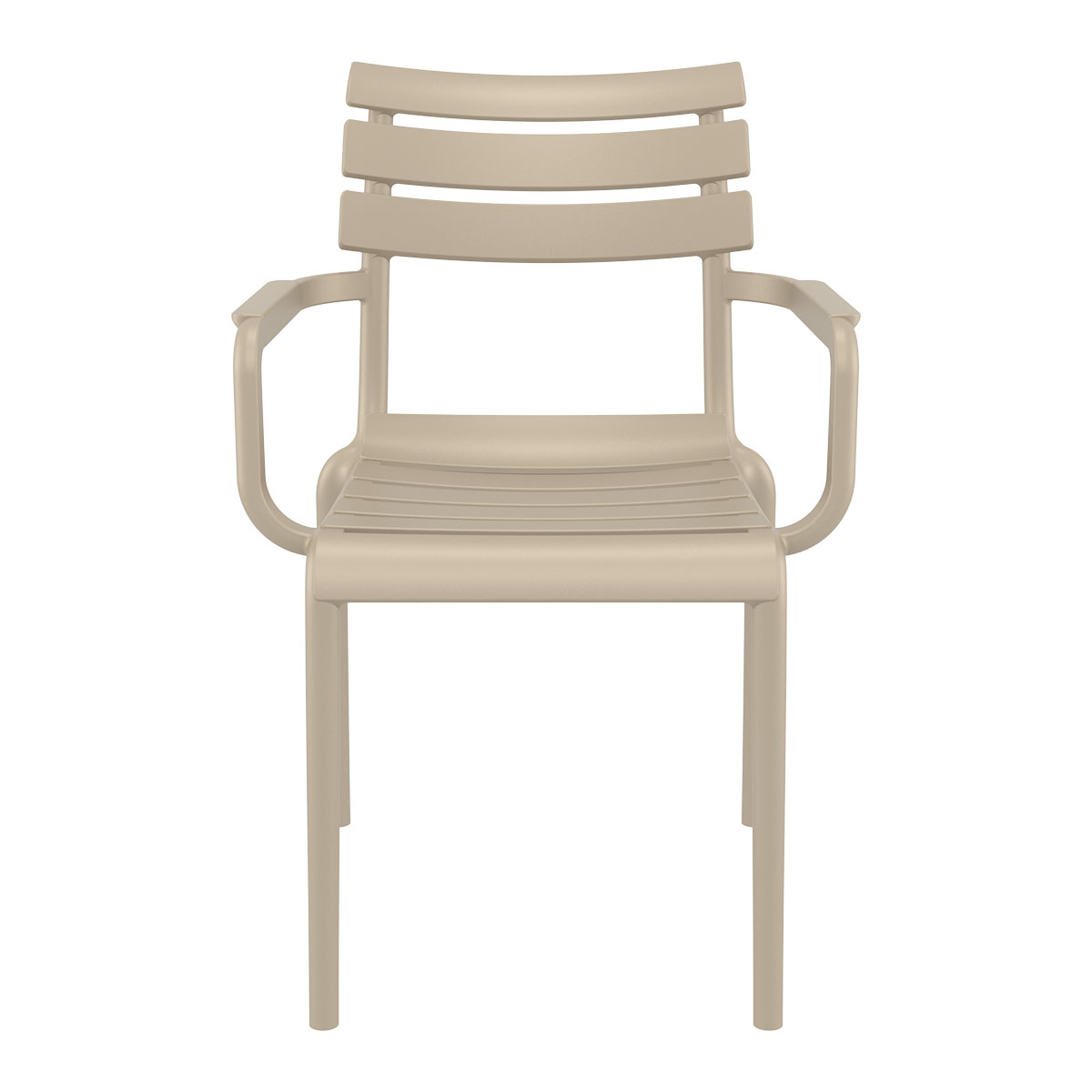 Beige buitenstoel, vooraanzicht. Lattenrugleuning, armleuningen. Modern design.