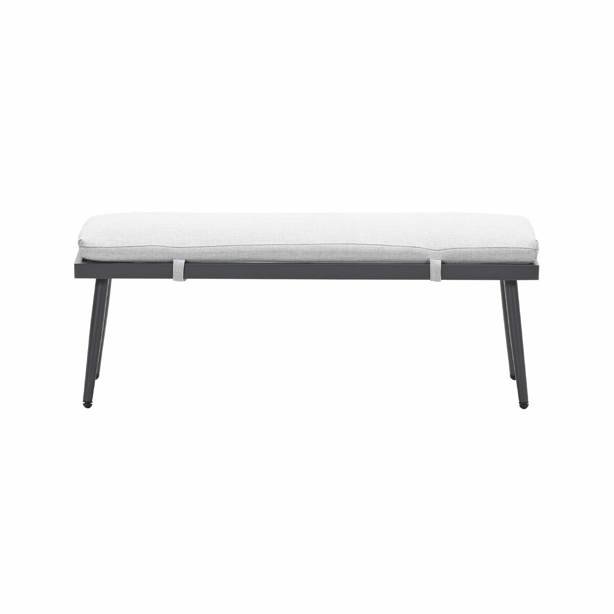 Outdoor bench with gray cushion, metal frame. White background, simple design, clean lines.