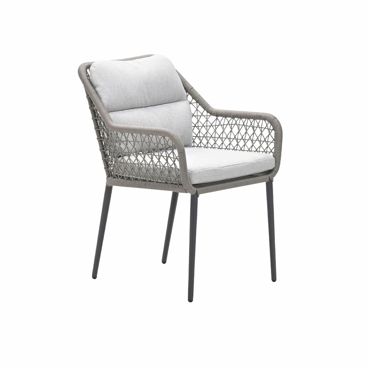 Gray chair with a woven back and armrests. Gray cushion. White background.