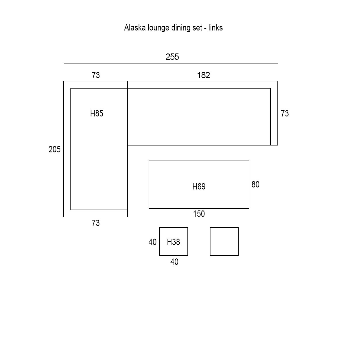 Diagramme des dimensions d'un ensemble de meubles de jardin. Montre un canapé d'angle, une table et deux tabourets.