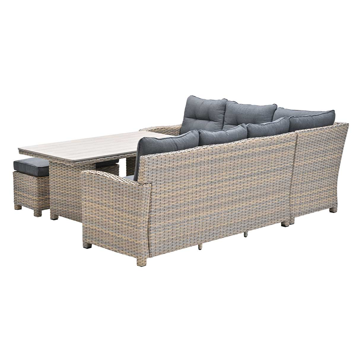 Ensemble de meubles d'extérieur tissés. Canapé, table et pouf. Coussins gris.