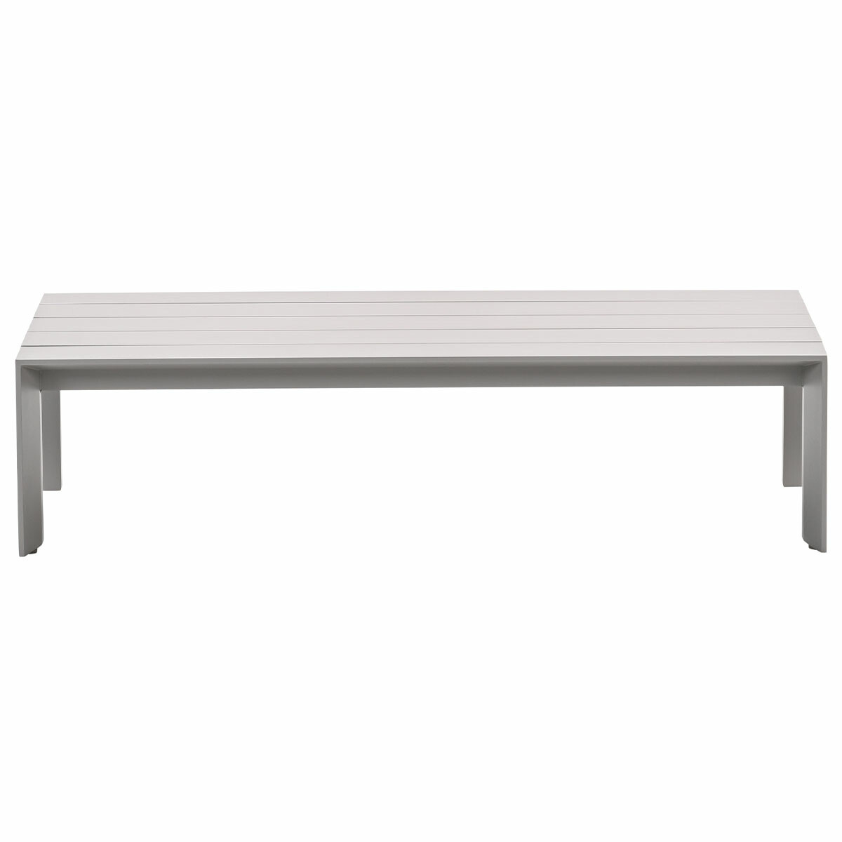 Witte buitentafel. Latten ontwerp. Metalen frame. Minimalistisch en modern.