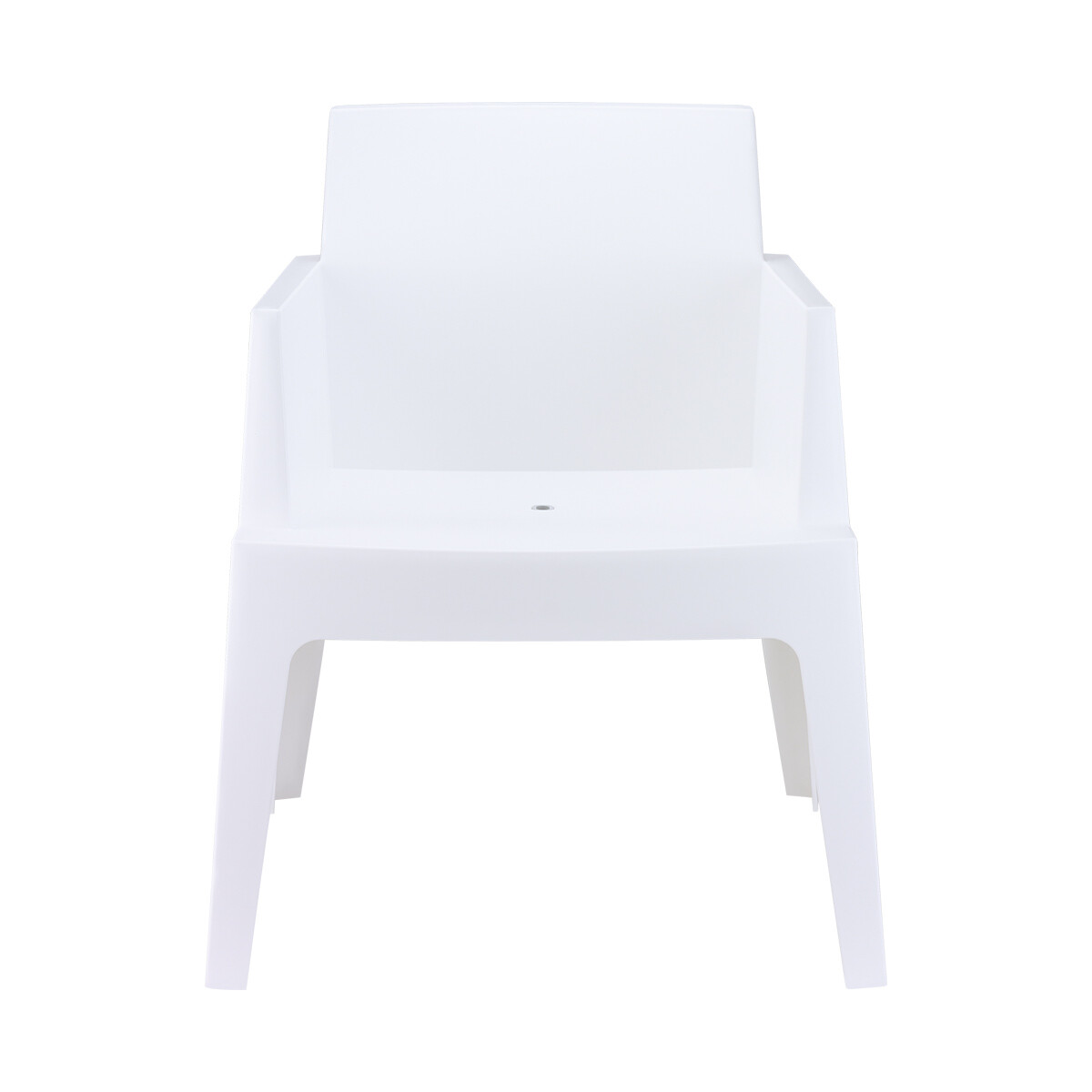 White plastic chair. It has armrests and a backrest. Isolated on white background.