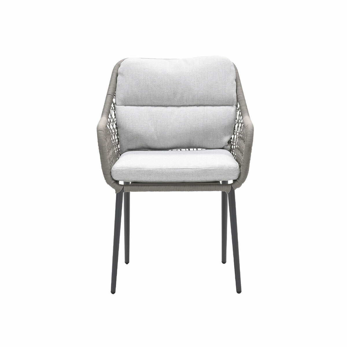 Modern outdoor chair with cushion, dark gray frame, woven back. White background.
