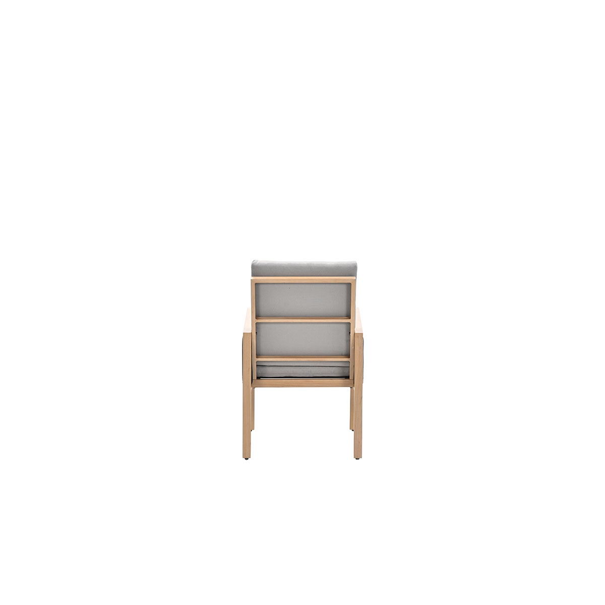 Light wooden chair with gray cushion. White background.