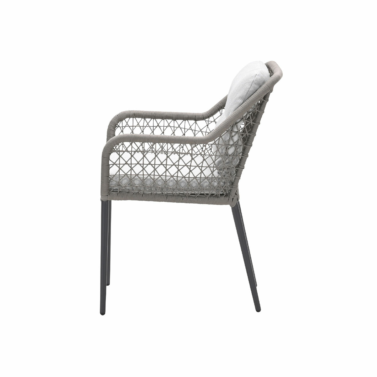 Side profile of a gray, woven chair with a light cushion and black legs. White background.