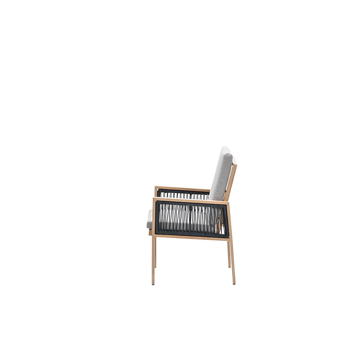 Outdoor chair. Wooden frame. Black rope accents. Grey cushion. White background.