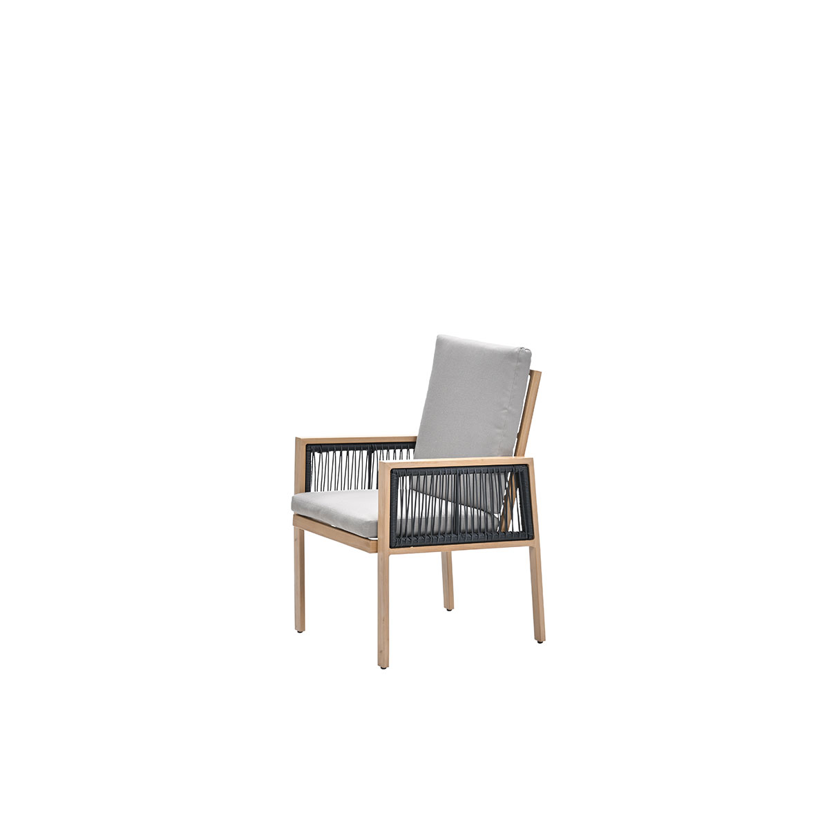 Outdoor chair. Wooden frame. Black rope accents. Grey cushion. White background.