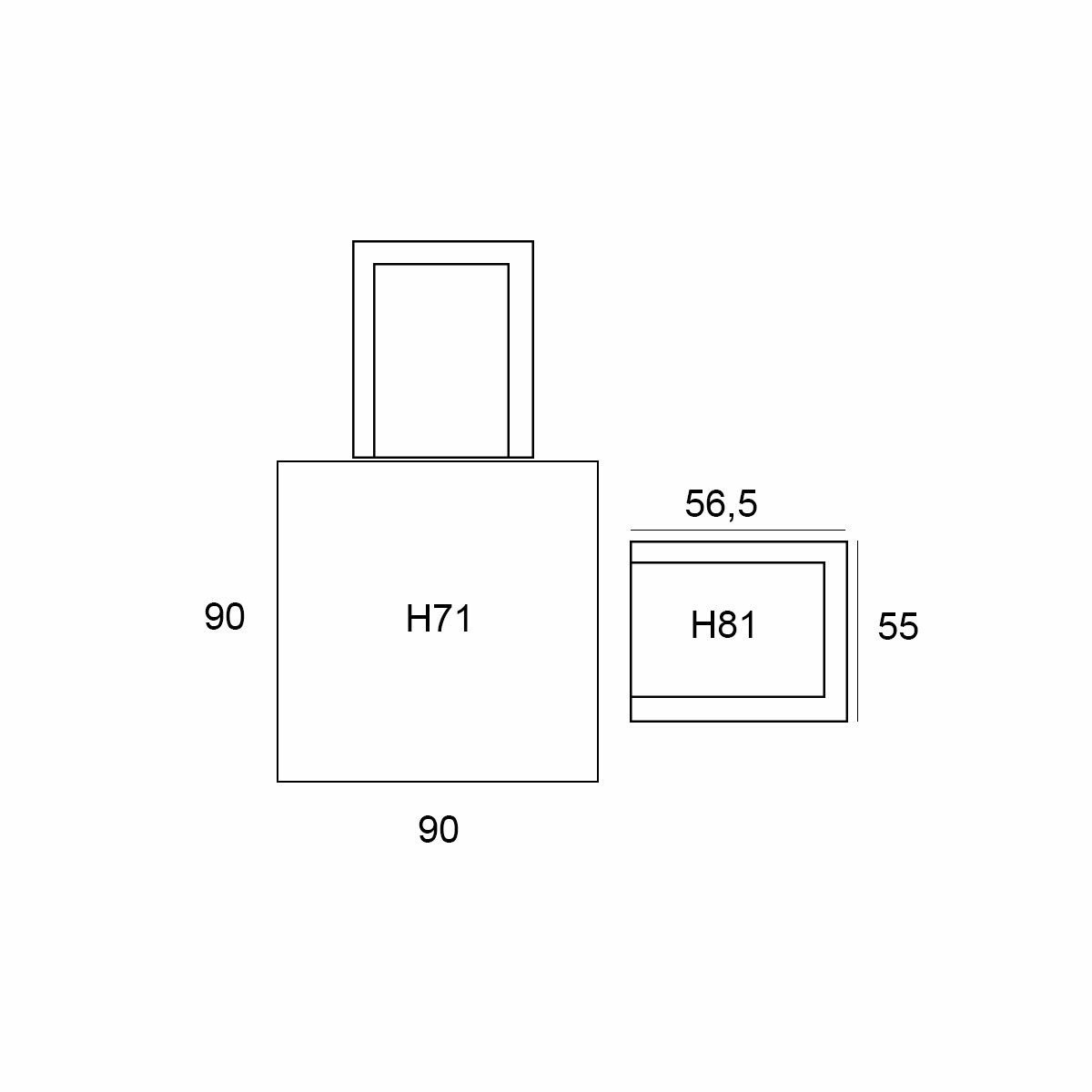 Diagram with dimensions. Rectangles and lines, with numbers representing size in cm.