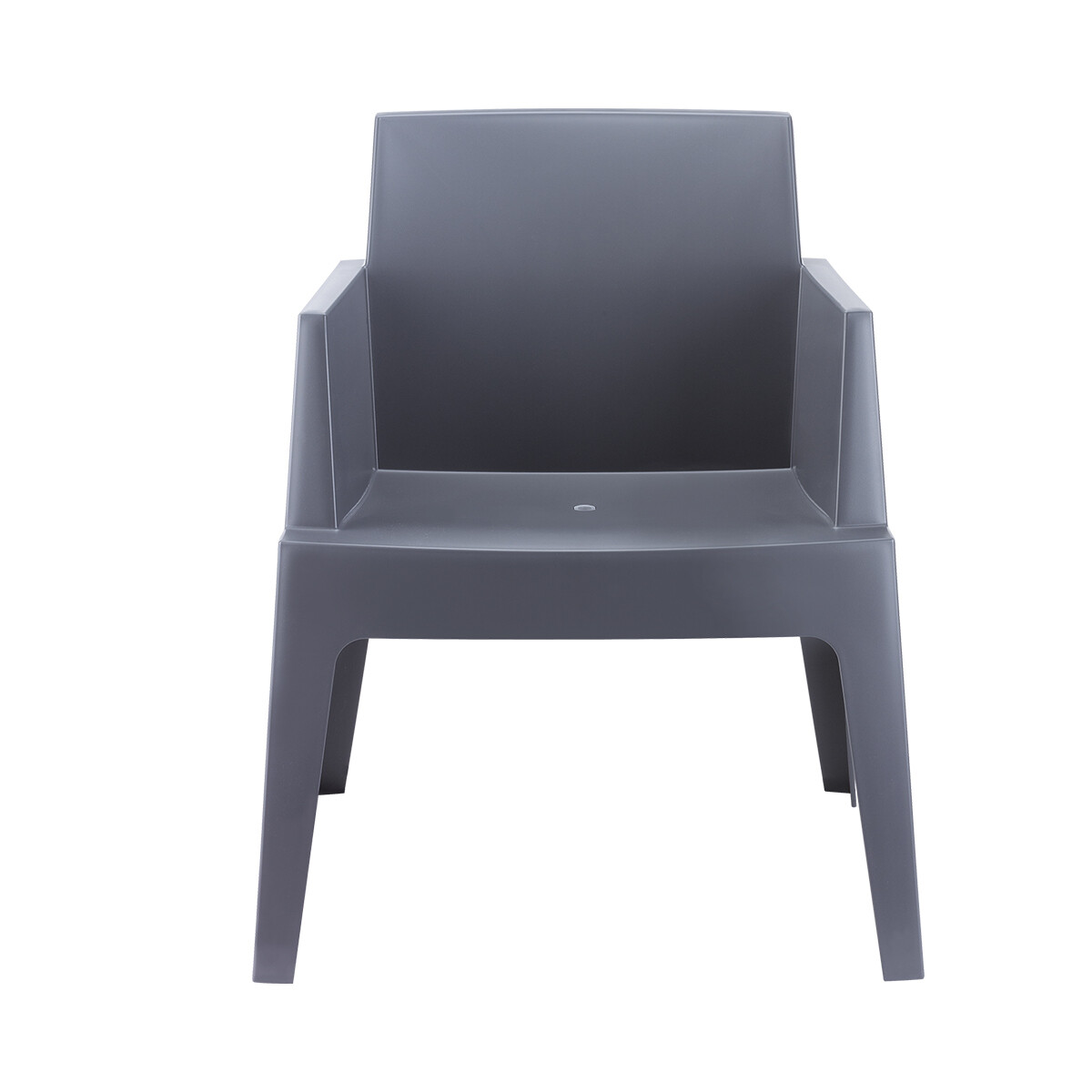 Grey plastic chair. Armrests and backrest. Isolated on white background.