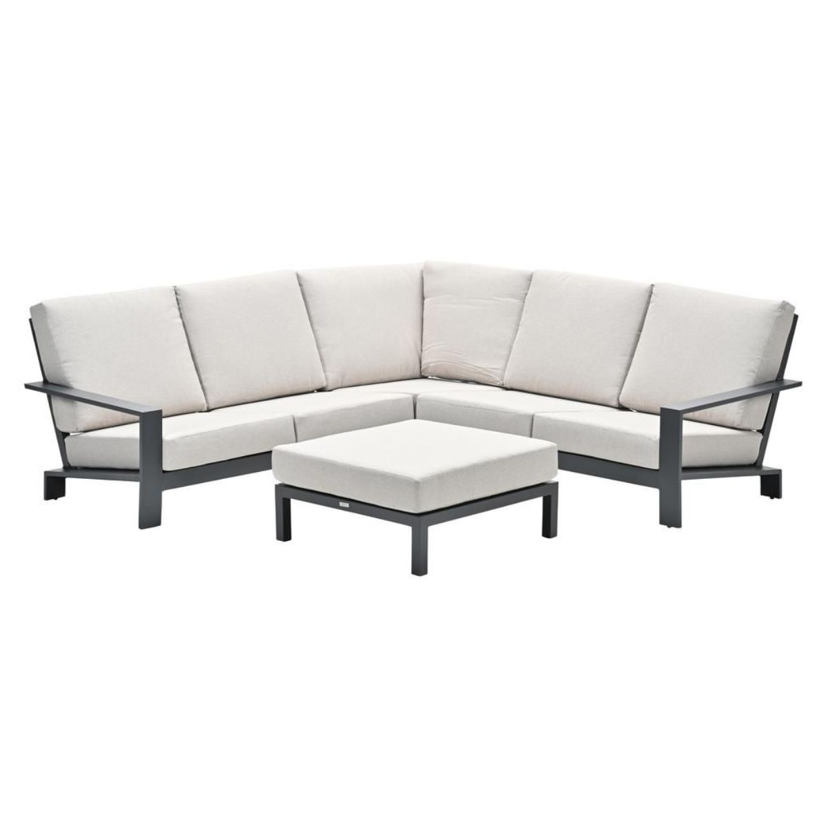 A sectional sofa and ottoman set with light cushions and dark metal frames against white background.