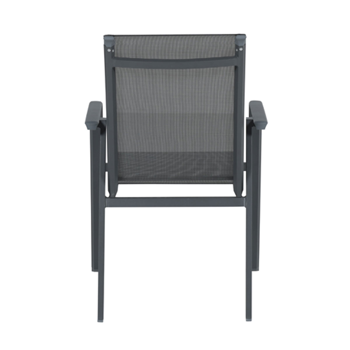Back view of a dark gray outdoor chair. The chair has a mesh back, armrests and four legs.