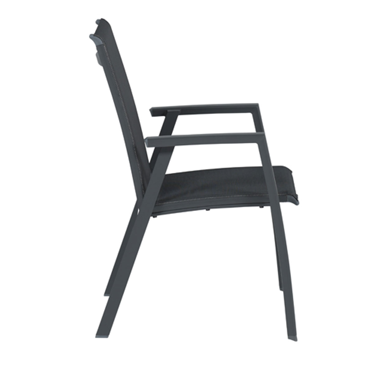 Side view of a dark gray chair with a mesh back and seat. Black legs and armrests.