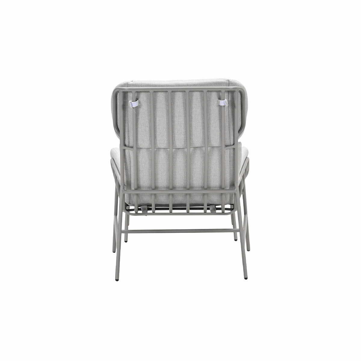Rear view of a gray metal framed chair with gray cushion and metal frame.