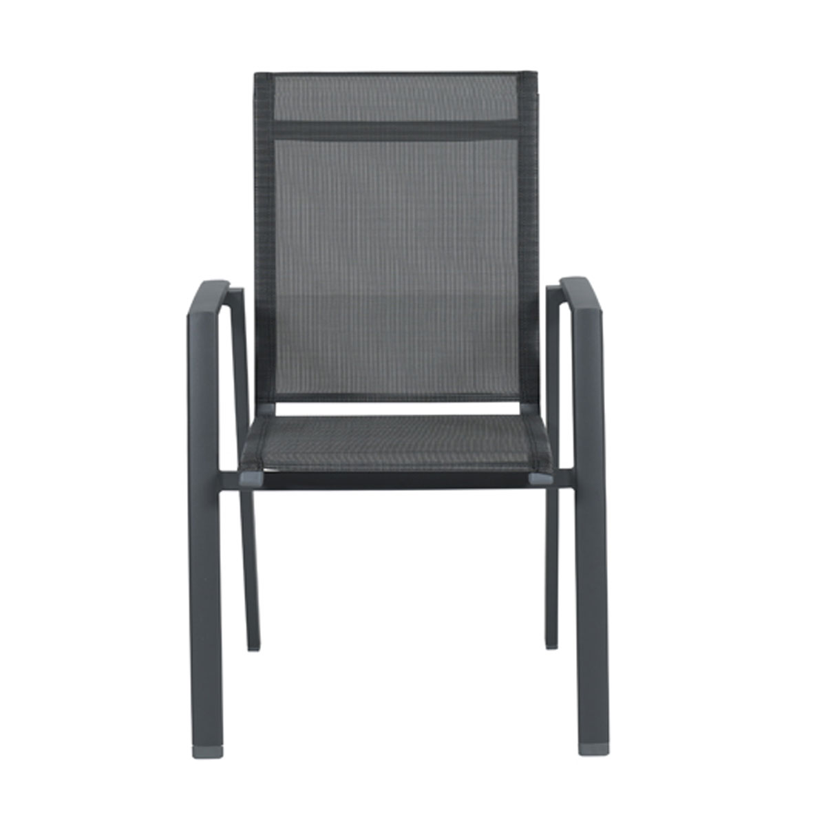 A gray metal chair with mesh back and seat on a white background.