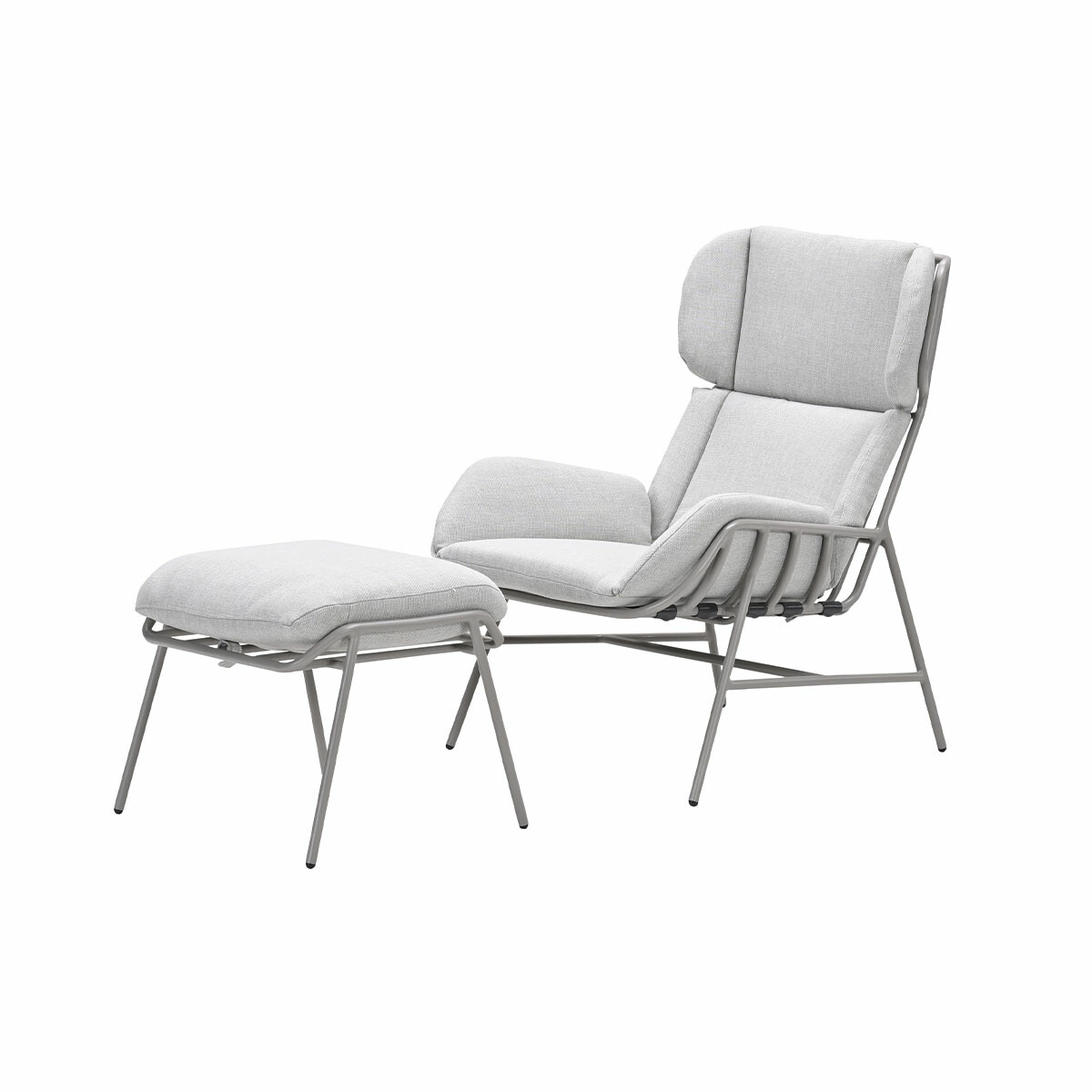 Gray chair and footstool set on white background. The chair has a high back.