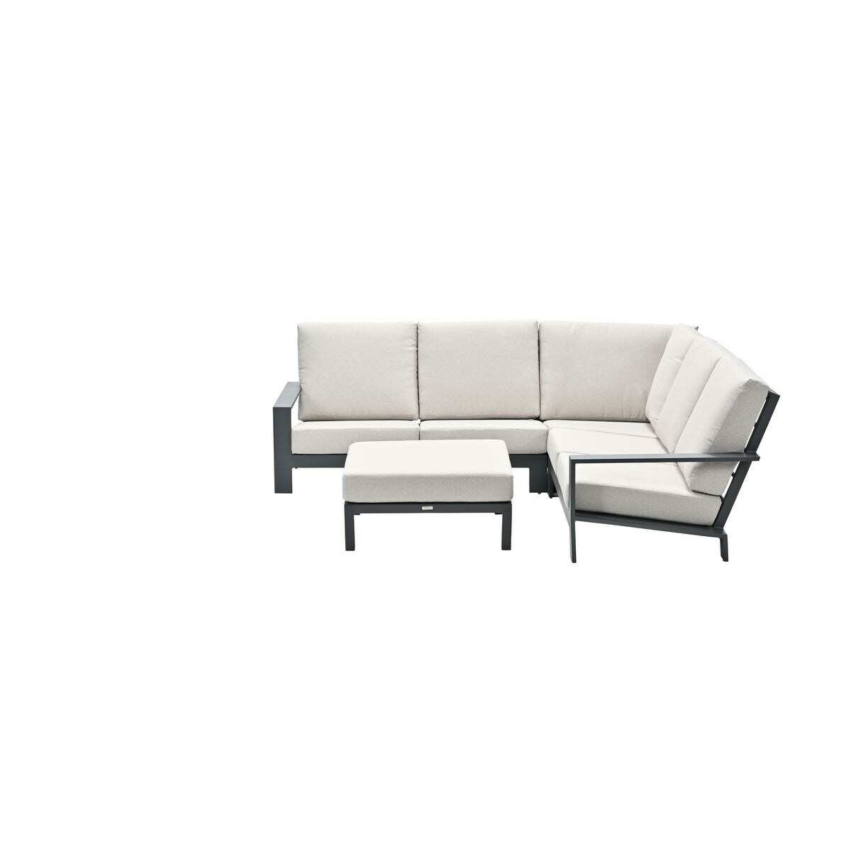 Modern outdoor sectional sofa with white cushions and dark gray frame.