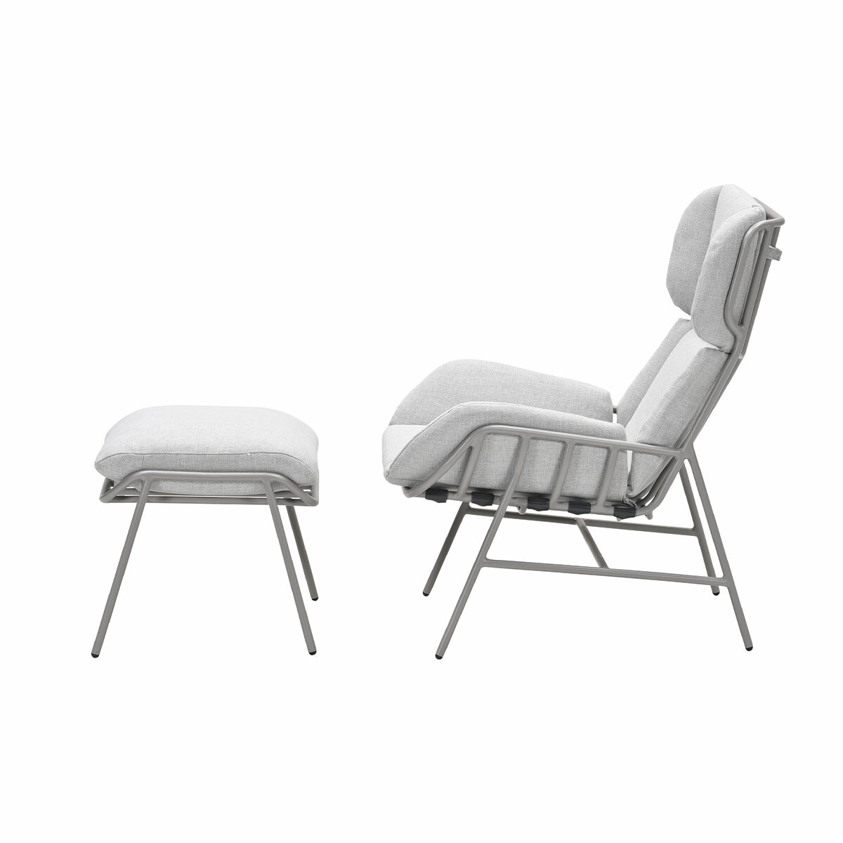 Gray chair and footstool set on white background. The chair has a high back.