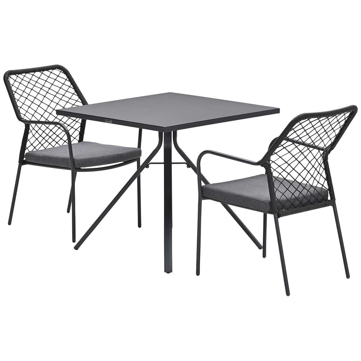 Salon de jardin avec table carrée et deux chaises. Sièges gris, cadres noirs.