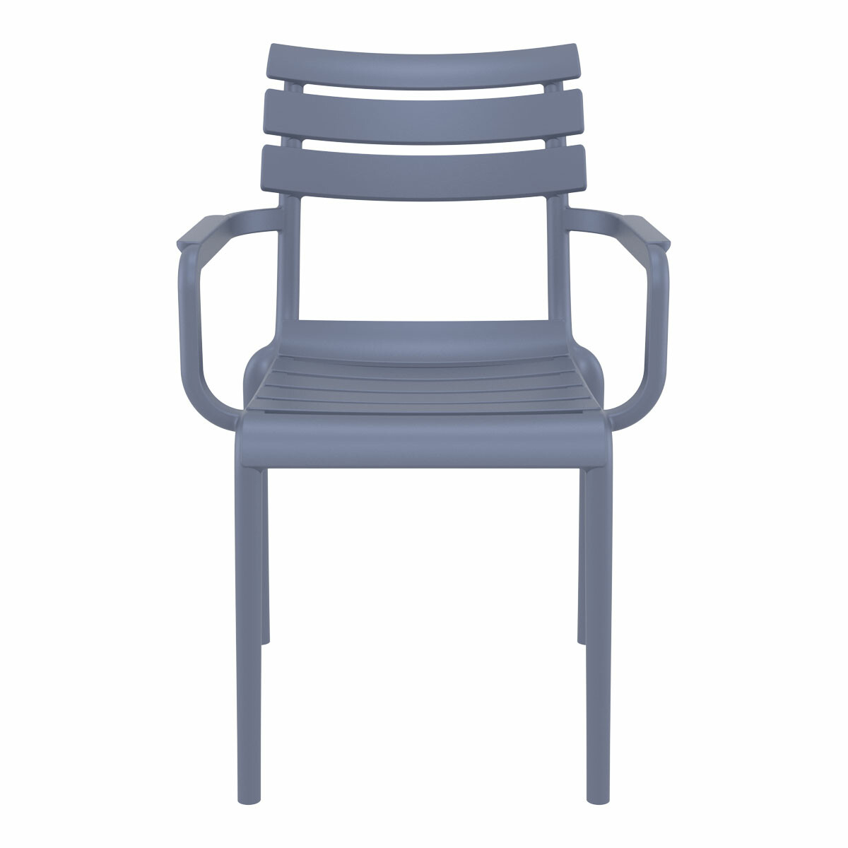 Blue-grey outdoor chair with horizontal slats and curved arms.