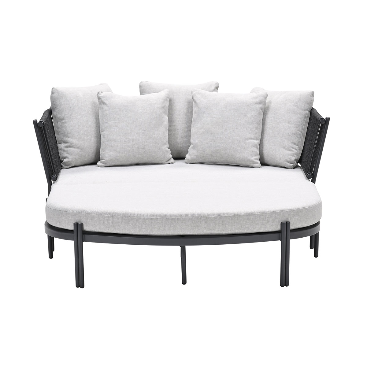 Oval daybed with light cushions and dark frame, white background.