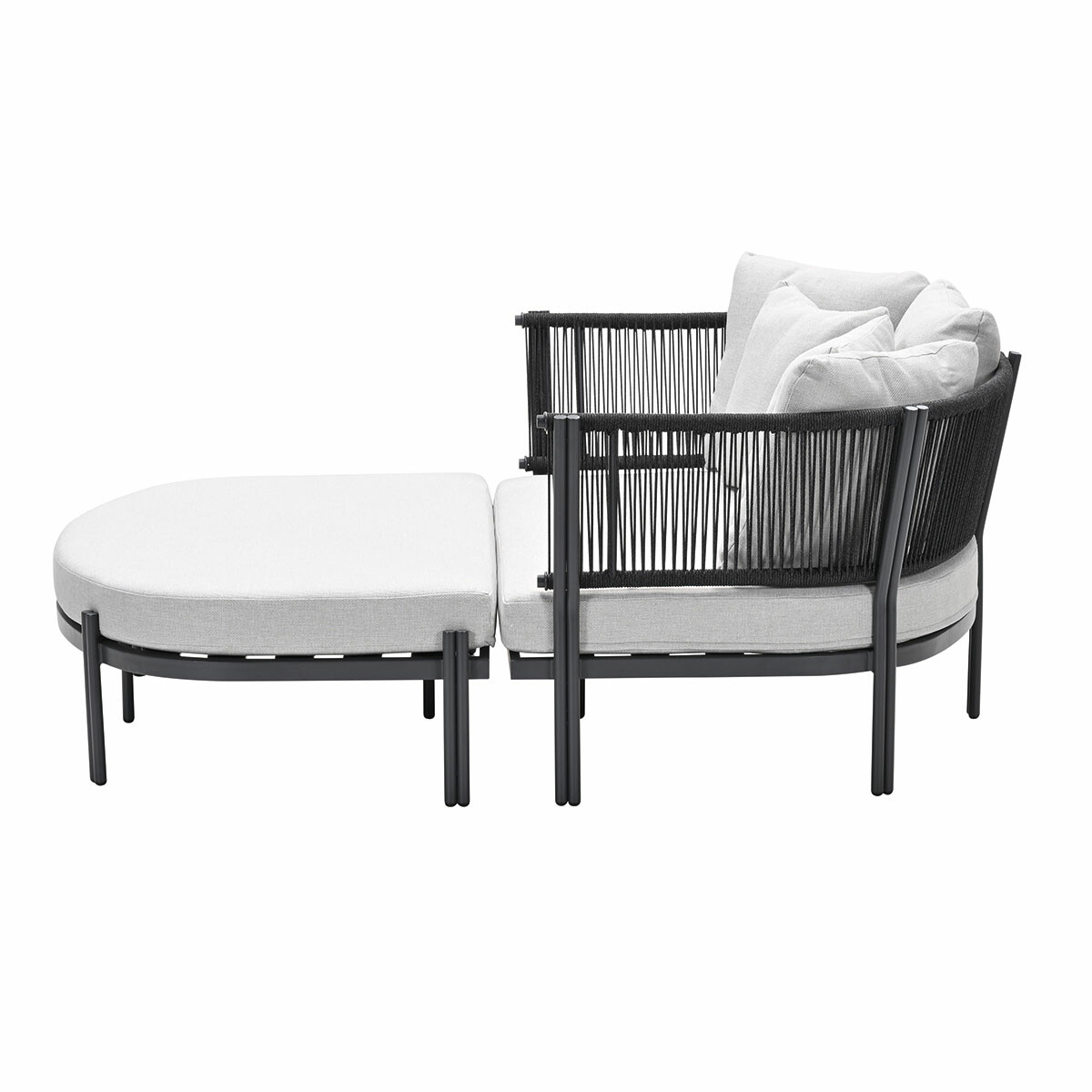 Modern outdoor seating set: a sofa with a side table and an ottoman, all in light grey and black.