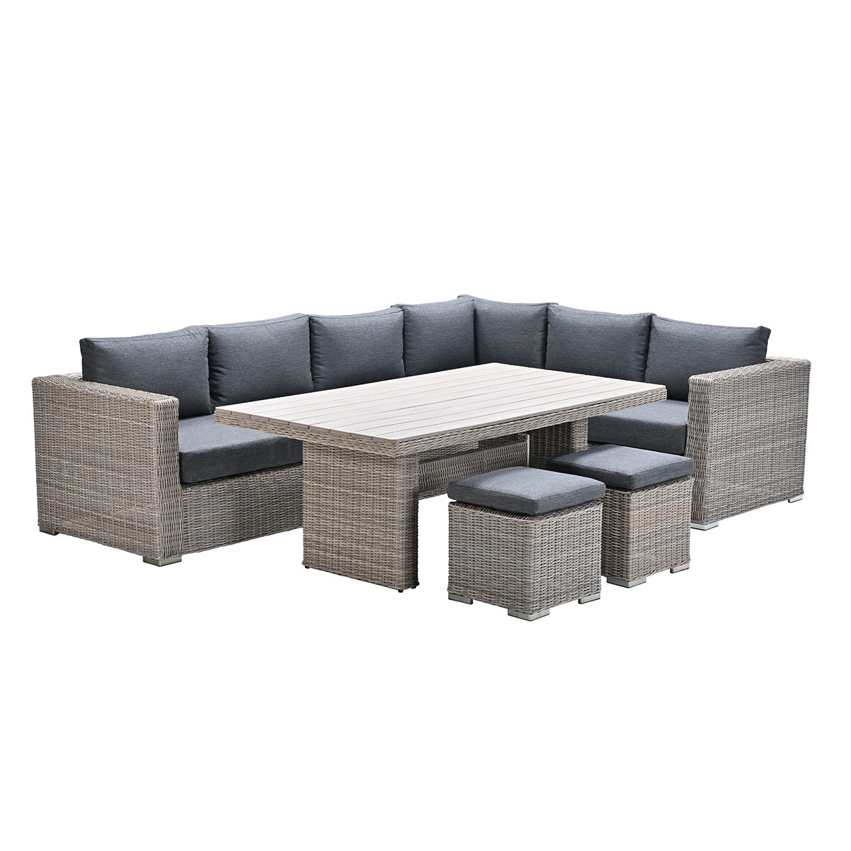 Salon de jardin en L avec table rectangulaire et deux poufs, le tout en tons gris.