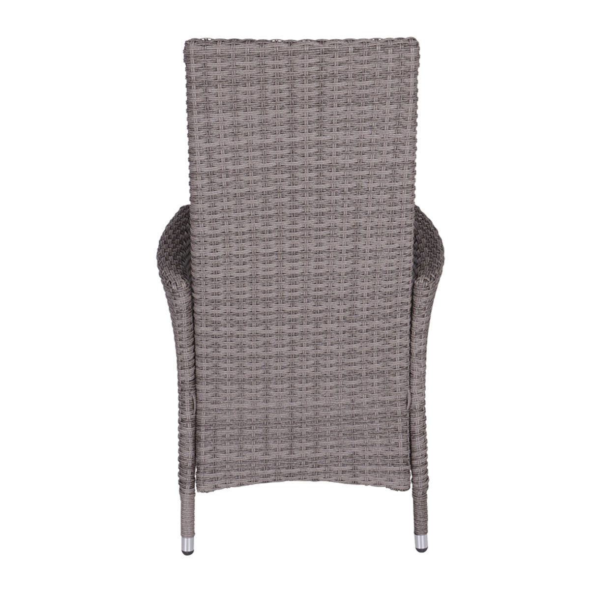 Gray wicker chair from the back. High back and armrests. Metal legs.