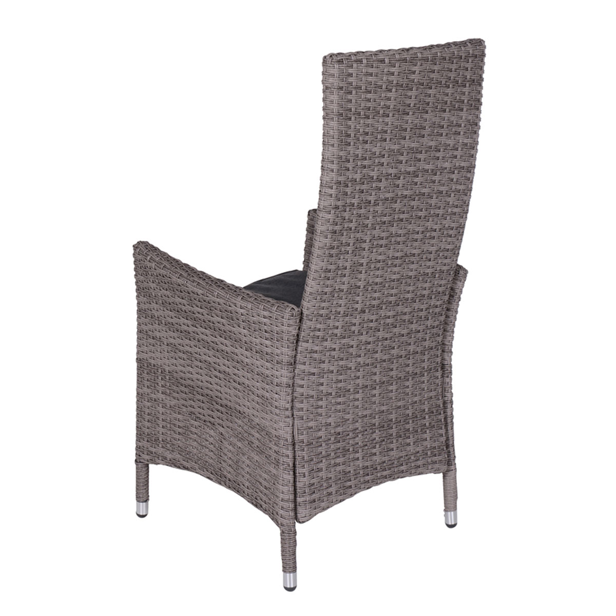 Gray wicker chair from a three-quarter angle. High back and armrests.