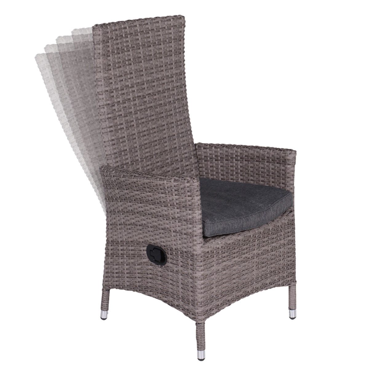 Gray wicker chair with a dark cushion. The back is reclining with motion lines.