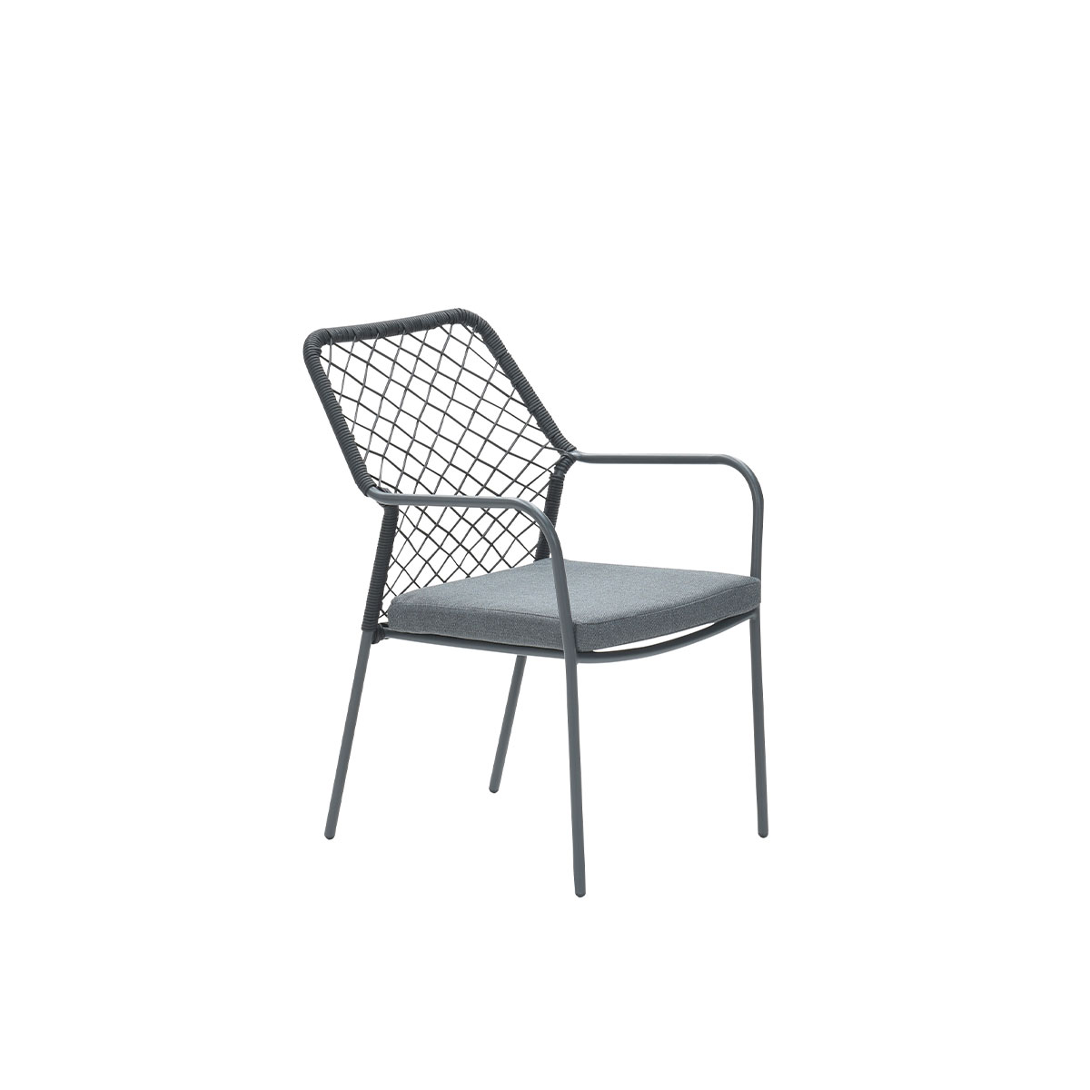 Gray metal chair with woven back and seat on a white background.