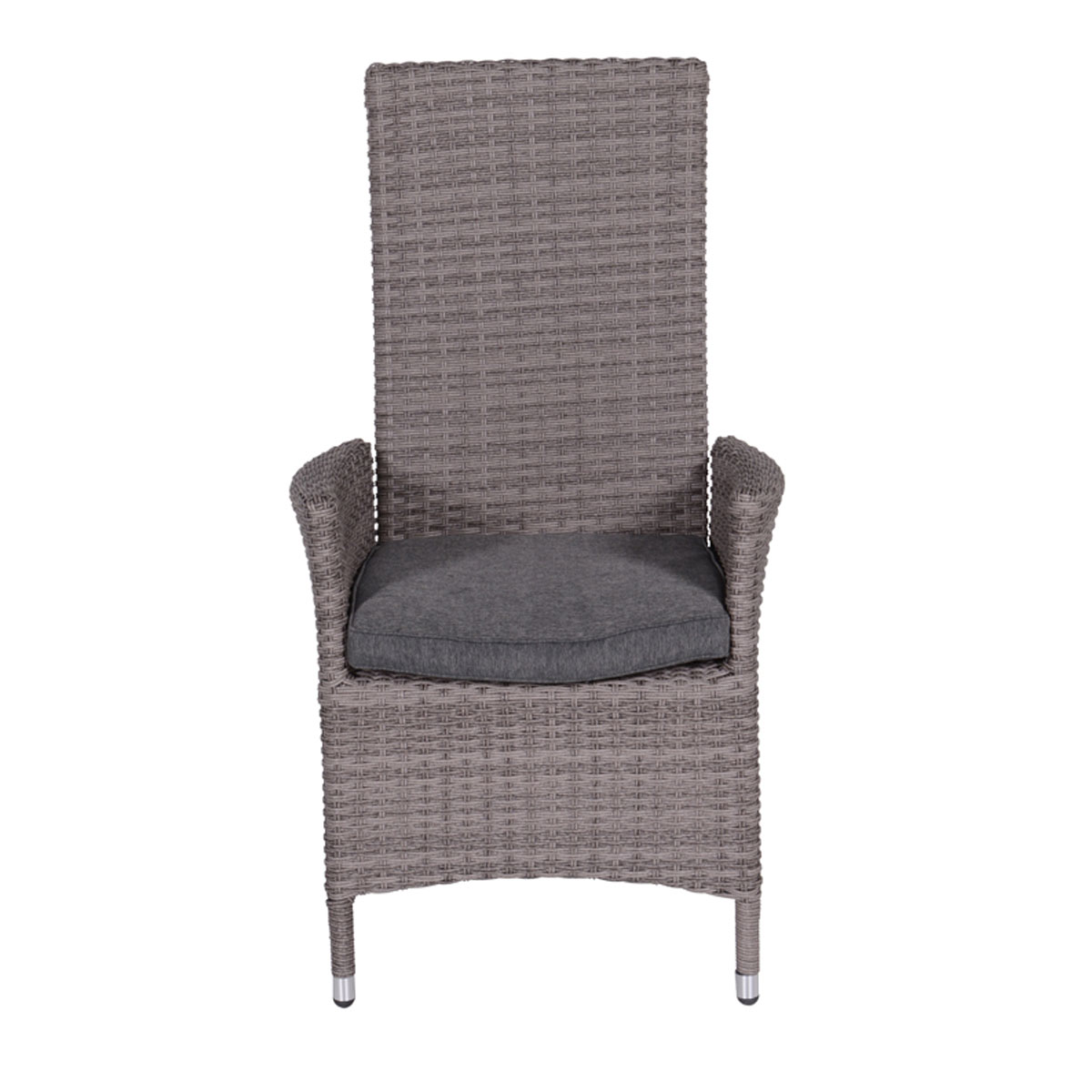 High-back wicker chair with gray cushion. Isolated on white background.