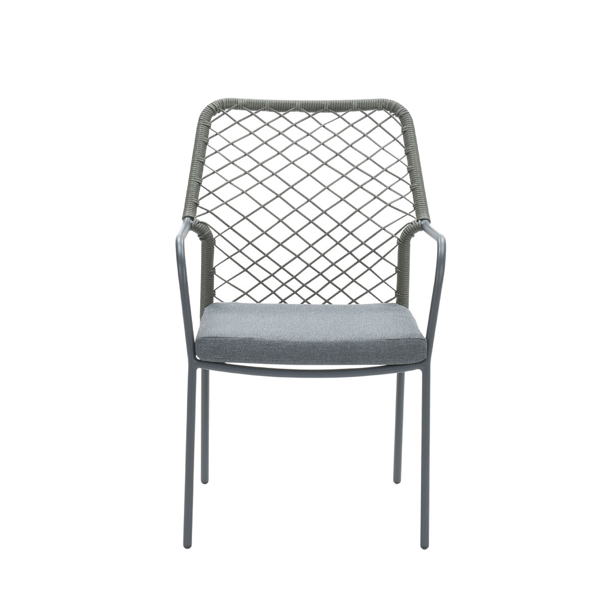 Gray chair with a woven back and gray seat cushion. Metal frame and legs.