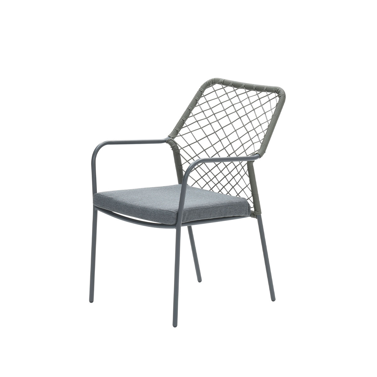 Gray chair with a woven back and gray seat cushion. Metal frame and legs.