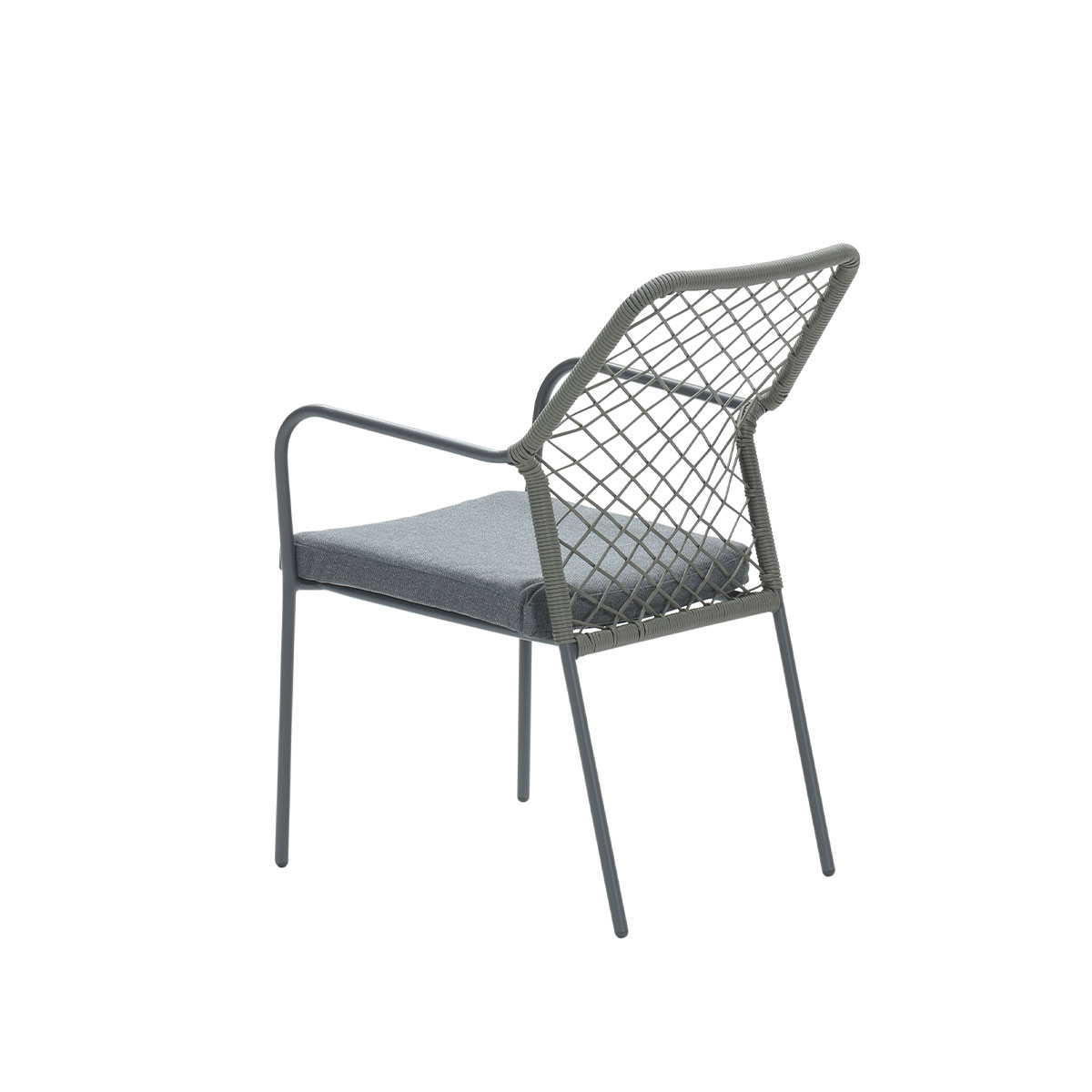 Gray chair with a woven back and gray seat cushion. Metal frame and legs.