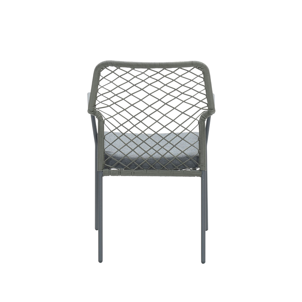 Gray chair with a woven back and gray seat cushion. Metal frame and legs.