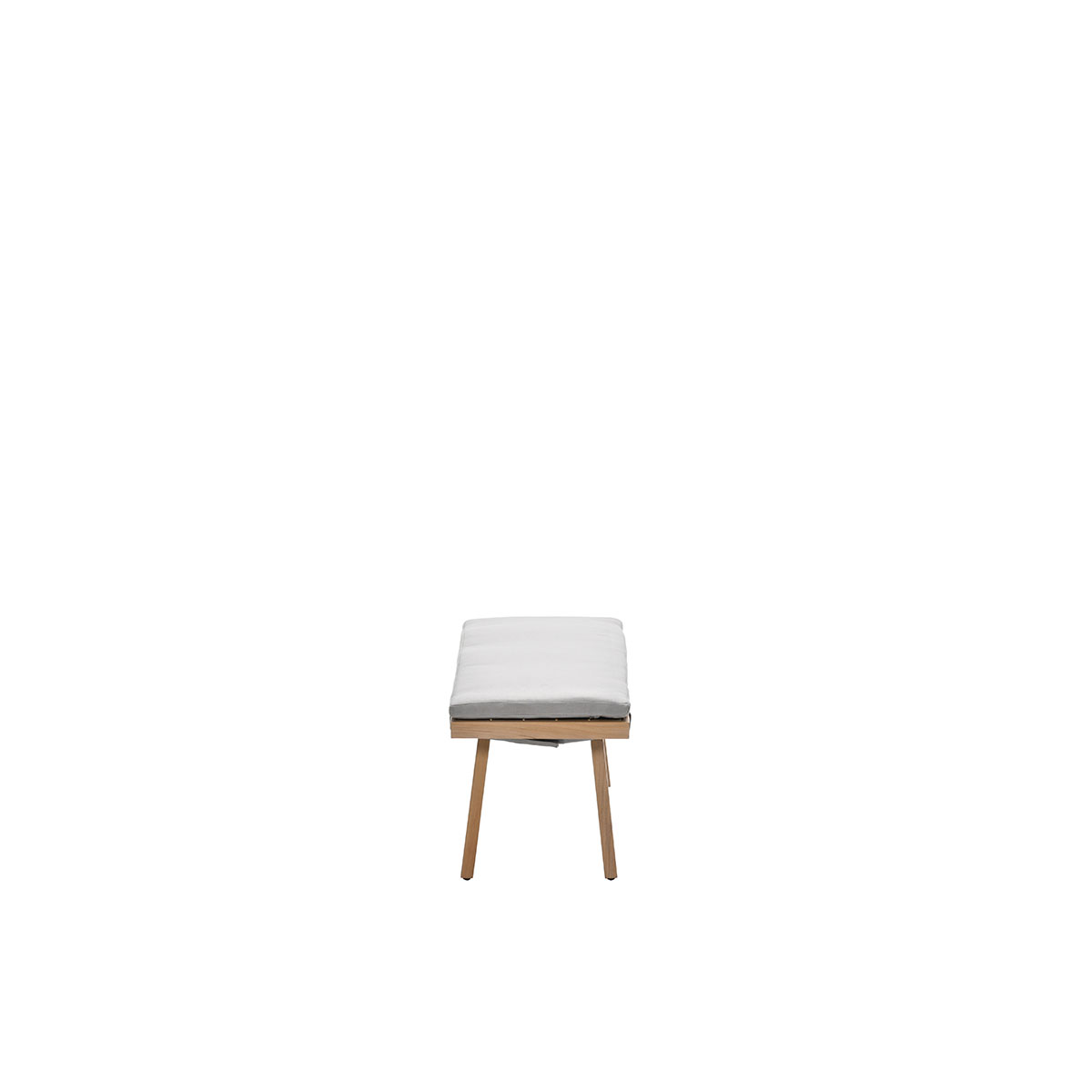 Wooden bench with gray cushion, front view, isolated on white.