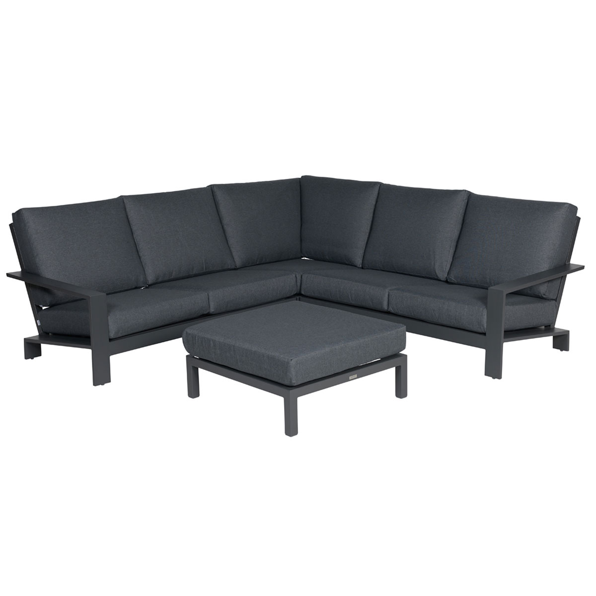 A dark gray outdoor sectional sofa and ottoman with dark gray cushions.